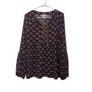 Michael Kors Womens Gold Chain Lace Up Collar Blouse SZ L Stretct Marron & Pink